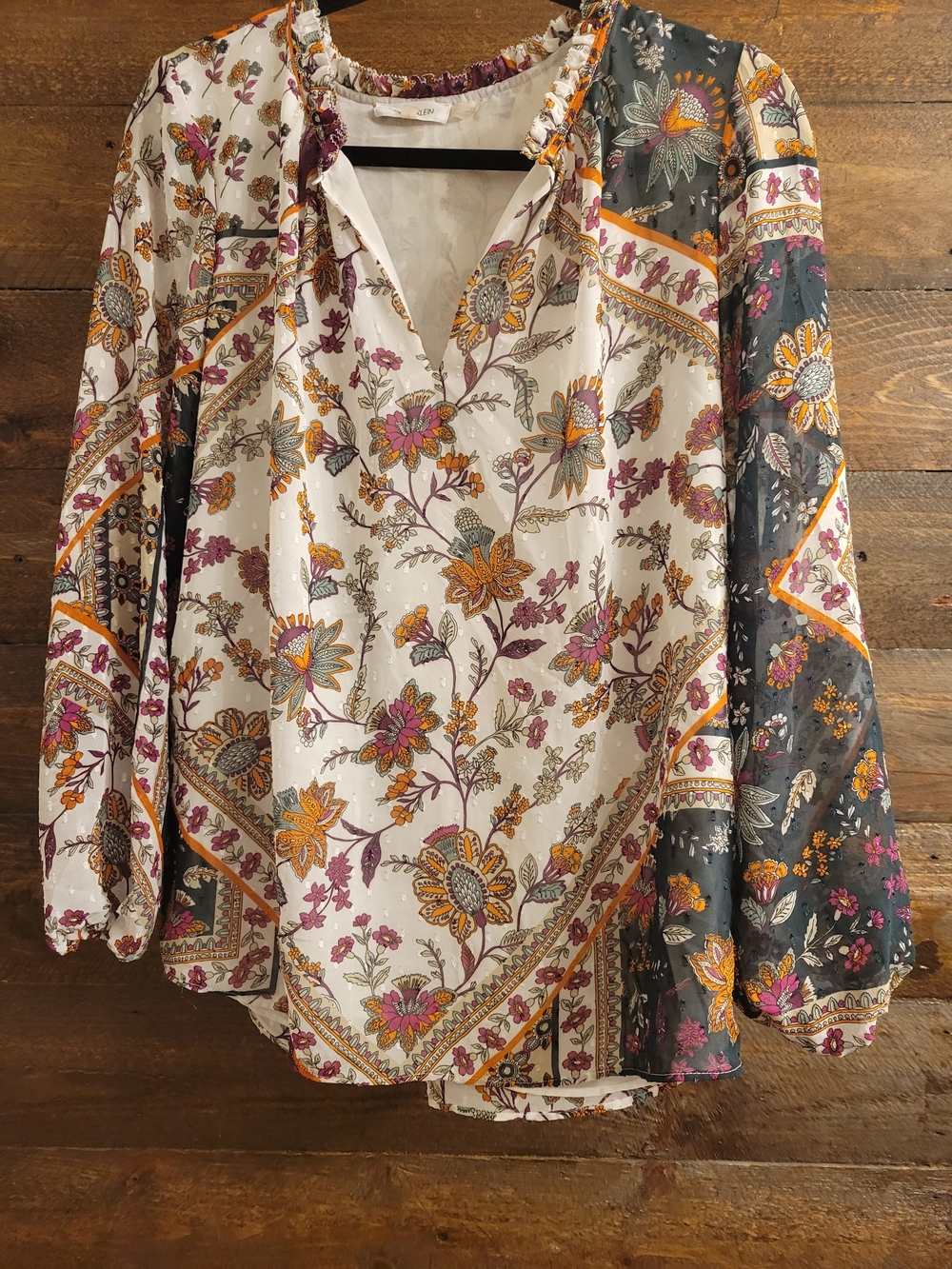 Calvin Klein Floral Patchwork V-Neck Blouse in Cream, Plum and Mustard